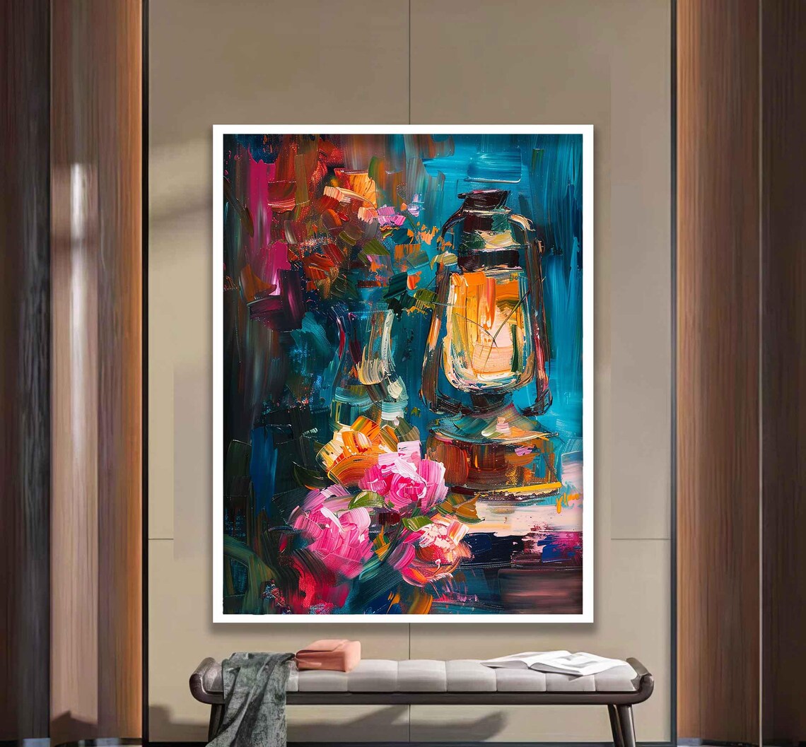Glowing Vintage Oil Lantern With Pink Flowers Impasto Art Poster - Image 2