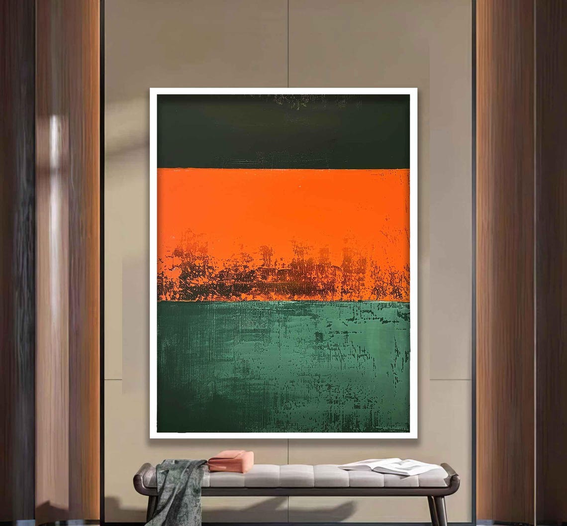 Deep Green Orange and Teal Striped Abstract Color Block Poster - Image 2