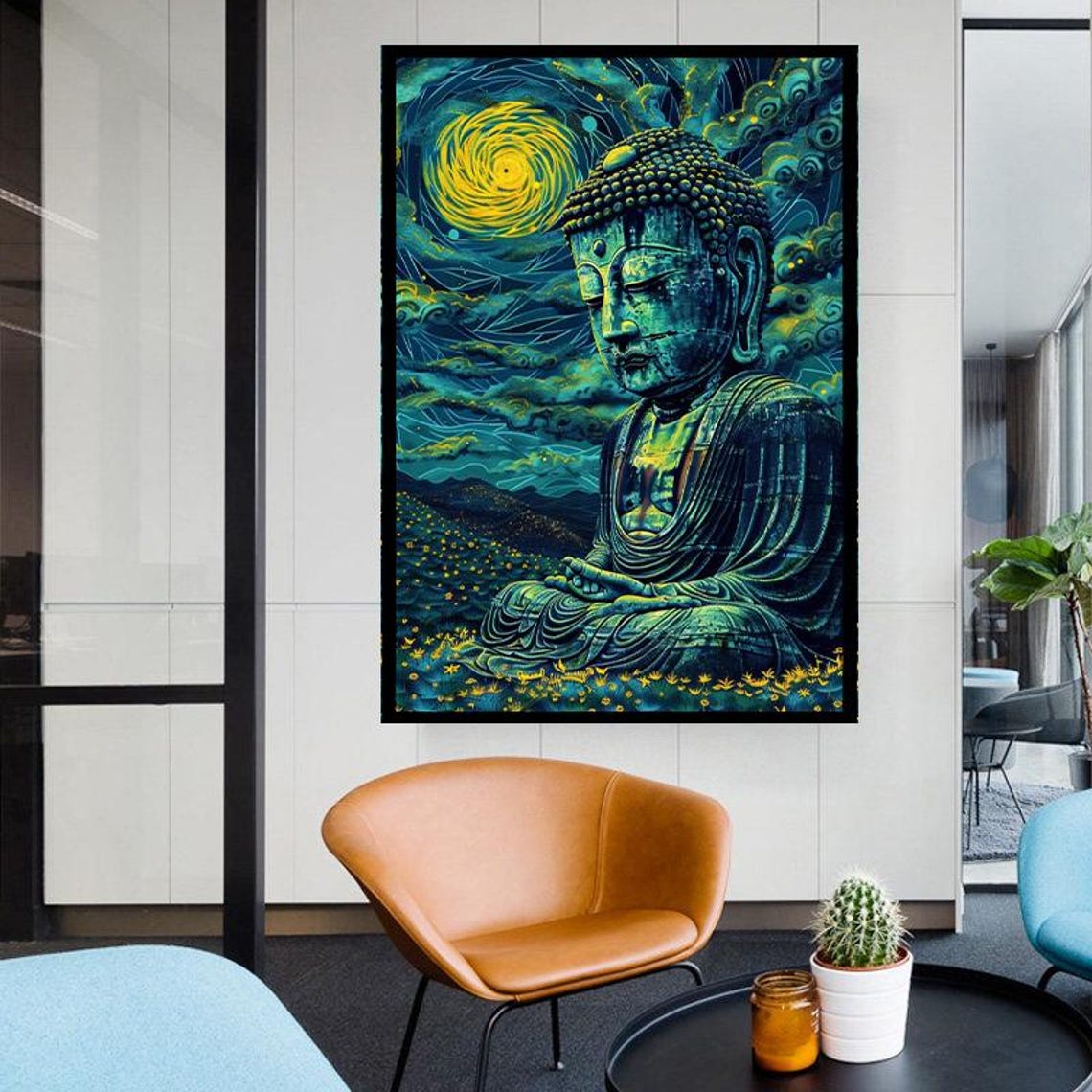 Meditating Buddha Under A Swirling Starry Moonlit Night Sky Art Poster - Image 5