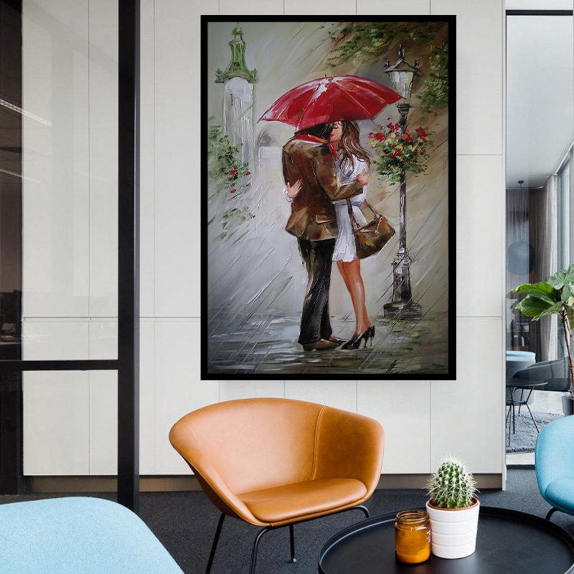 Romantic Couple Kissing Under A Red Umbrella In The Rain Poster - Image 2