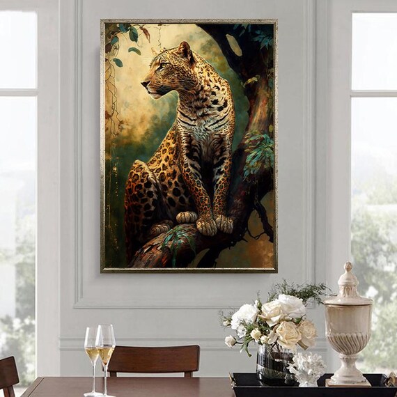 Spotted Leopard Sitting On A Tree Branch Wild Big Cat Art Poster