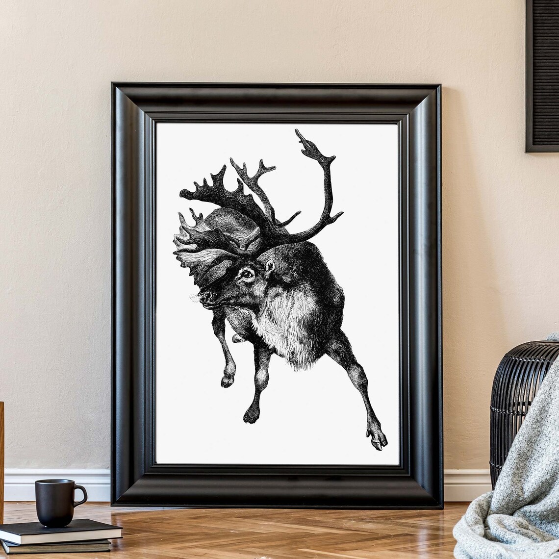 Leaping Reindeer With Large Antlers Antique Black White Engraving Poster - Image 3