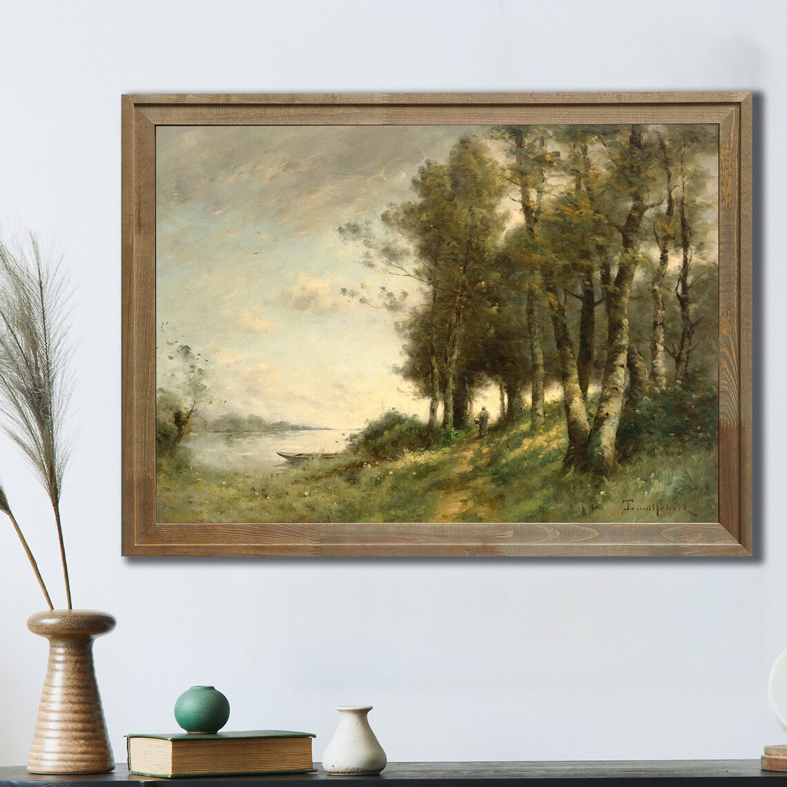 Vintage Oil Painting Woodland River Path Lone Walker Boat Art Poster - Image 3