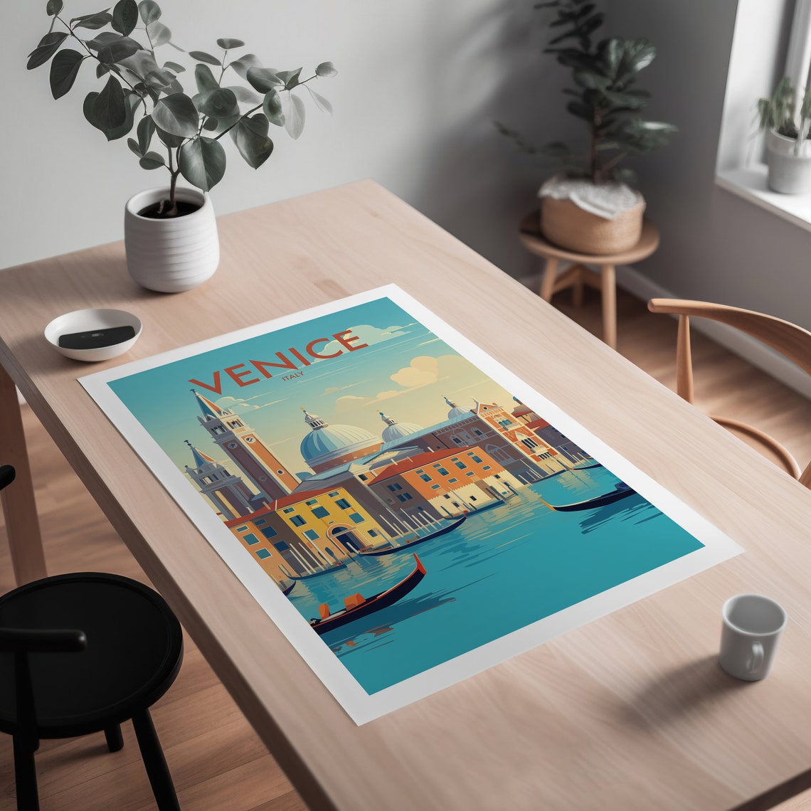 Venice Italy Red Title Gondola Canal Waterfront Scenic Poster - Image 2