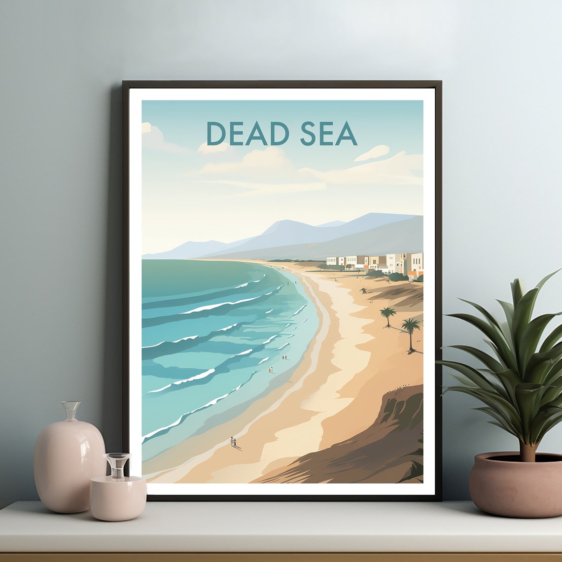 Dead Sea Shoreline Turquoise Beach Palm Trees Waves Travel Poster - Image 2