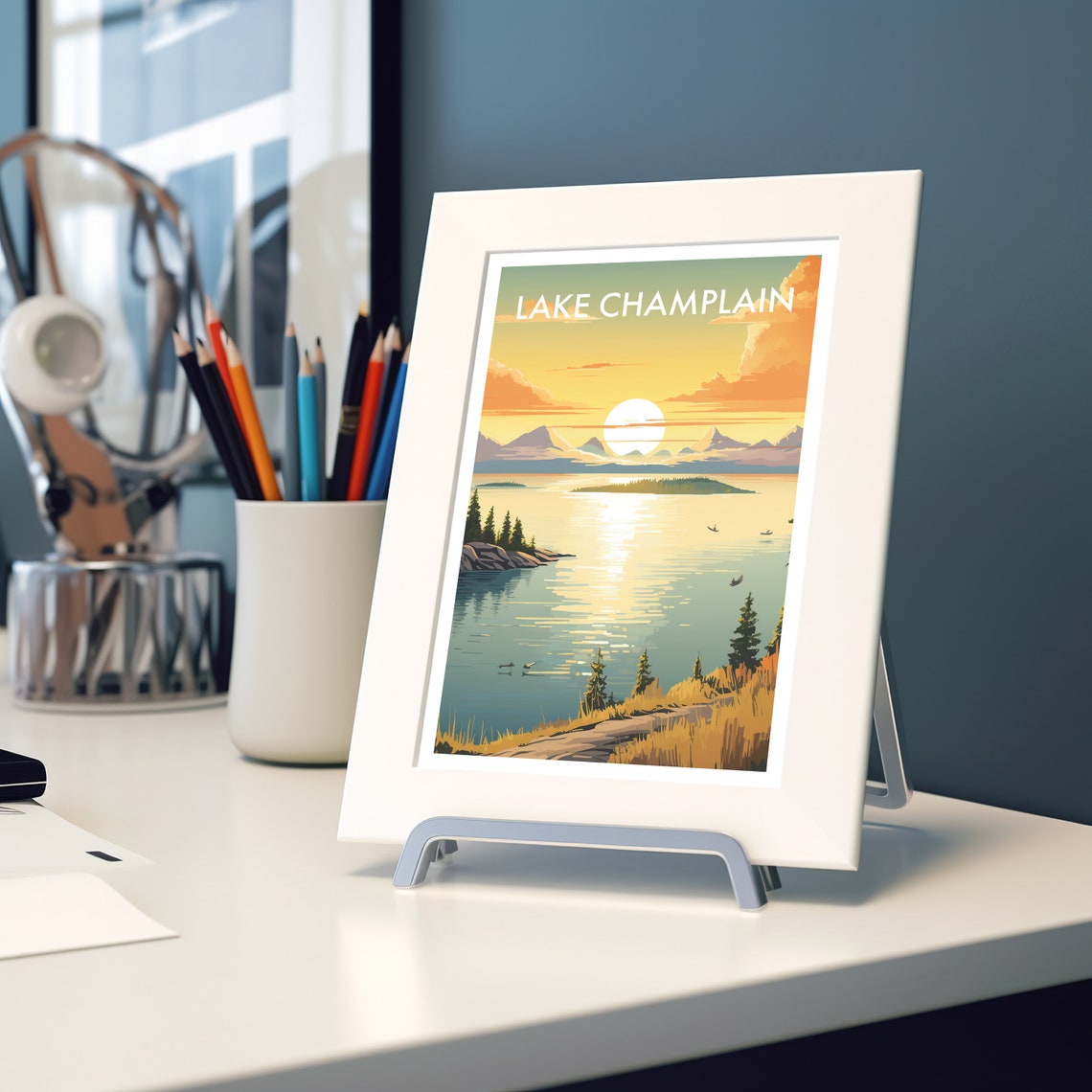 Lake Champlain Golden Sunset Pine Islands Retro Lakeside Travel Poster - Image 2