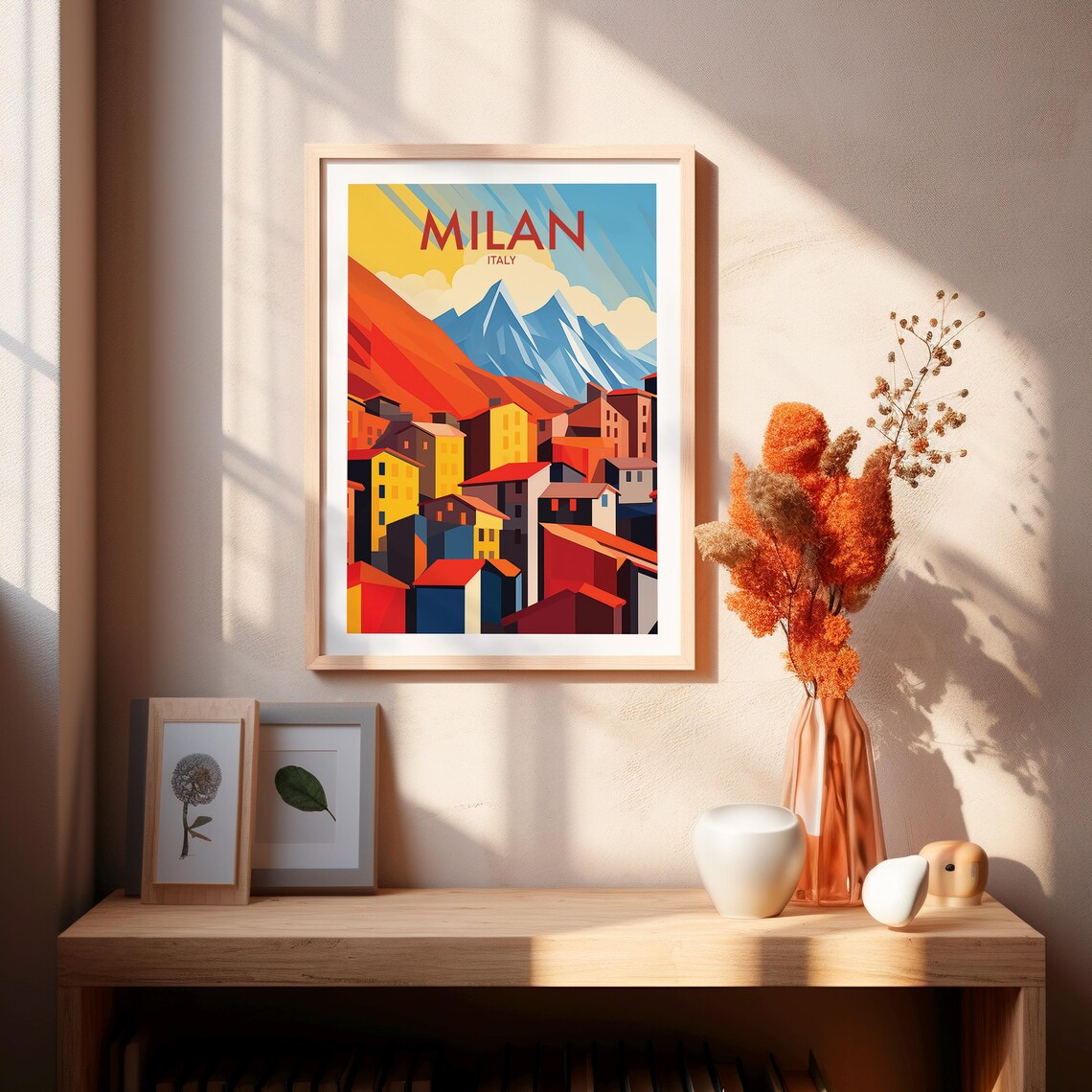 Milan Italy Mountain Village Rooftops Geometric Art Travel Poster - Image 2