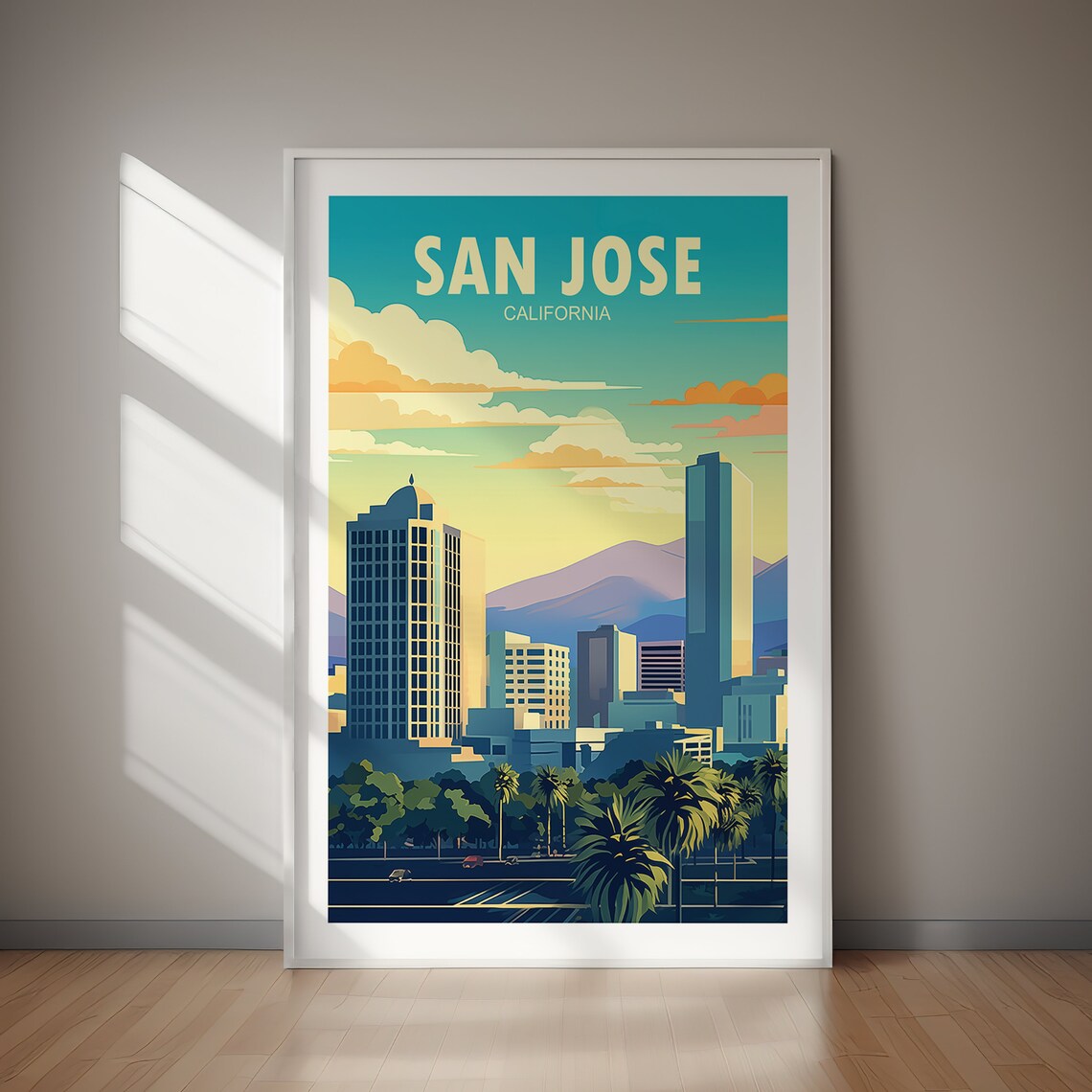 San Jose California Skyline Palms Mountains Retro Travel Poster Art