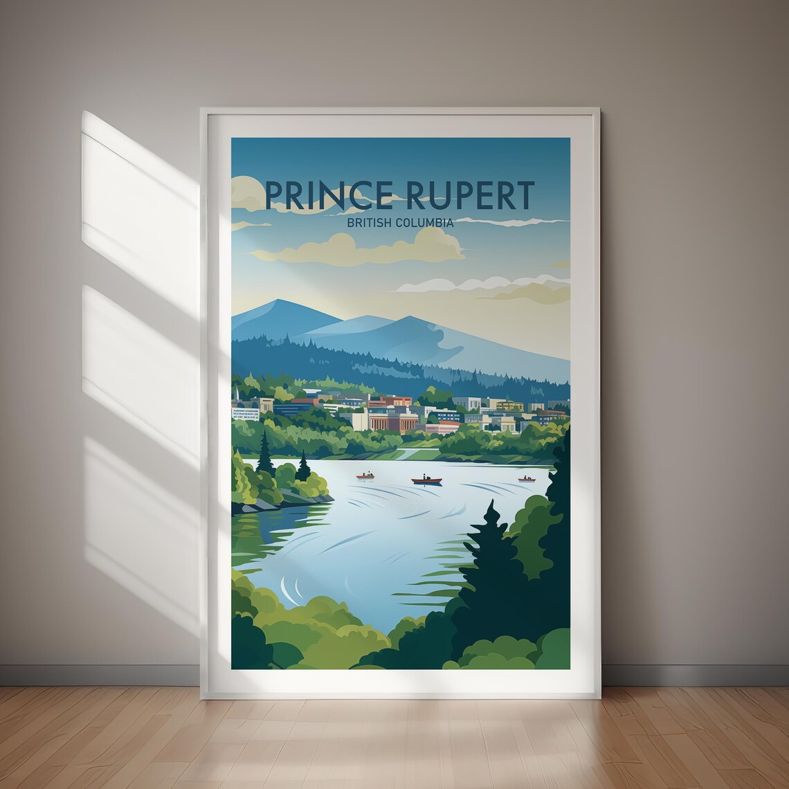 Prince Rupert British Columbia Harbor Boats Mountain Travel Poster