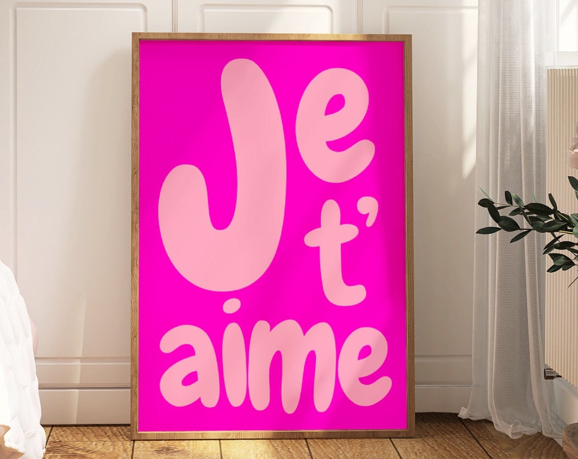Je Taime Quote Print Wall Art Pink Preppy Decor French I Love You Phrase Trendy Poster I Love You Typography French Saying