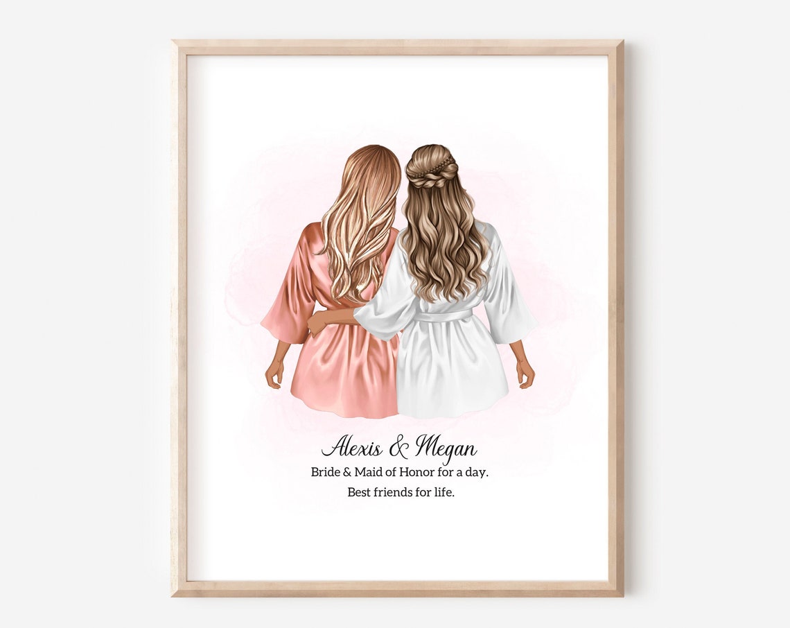 Bride and Maid of Honor Satin Robes Getting Ready Portrait Poster