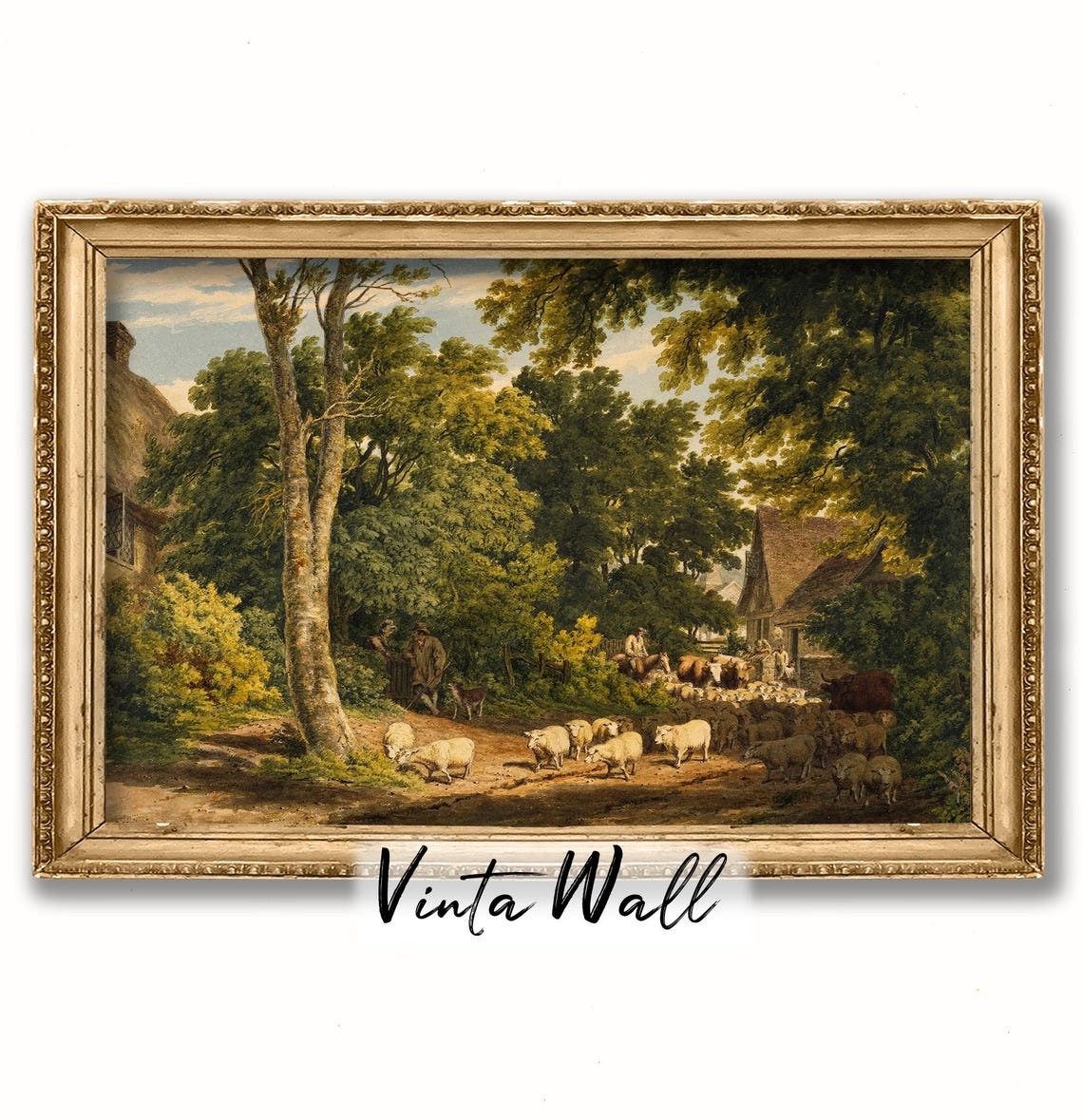 Sheep Flock Village Drive Green Trees Vintage Pastoral Scene Poster - Image 4