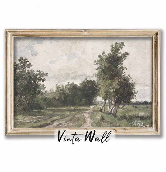 Quiet Dirt Path Through Green Trees Soft Tones Vintage Watercolor Poster