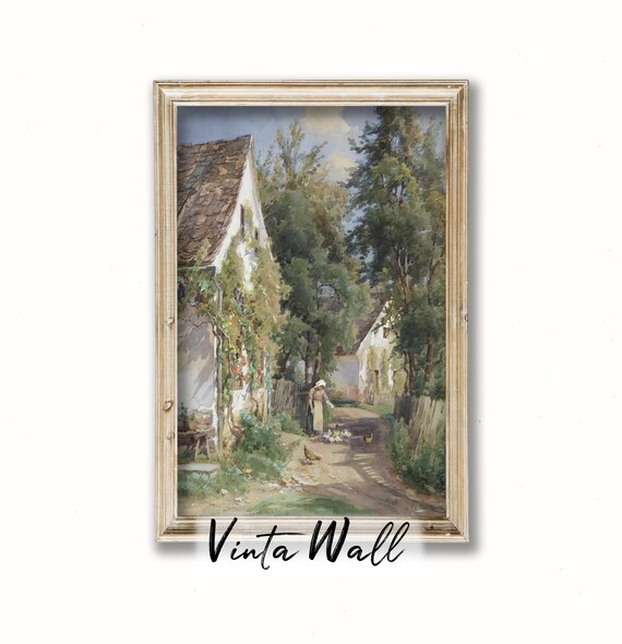 Village Lane With Cottages Woman Feeding Hens and Chicks Vintage Street Poster