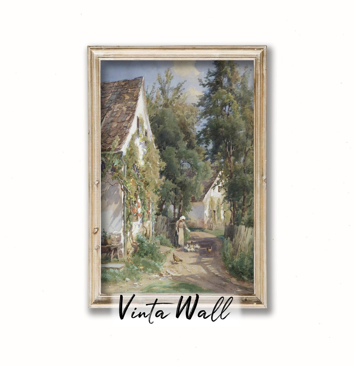 Village Lane With Cottages Woman Feeding Hens and Chicks Vintage Street Poster
