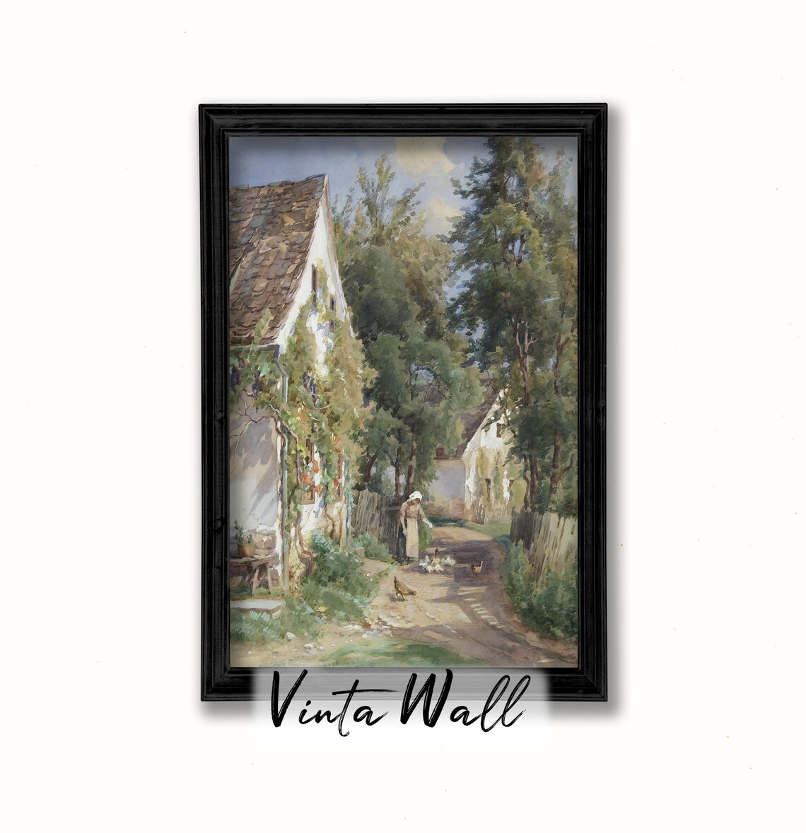 Village Lane With Cottages Woman Feeding Hens and Chicks Vintage Street Poster - Image 2