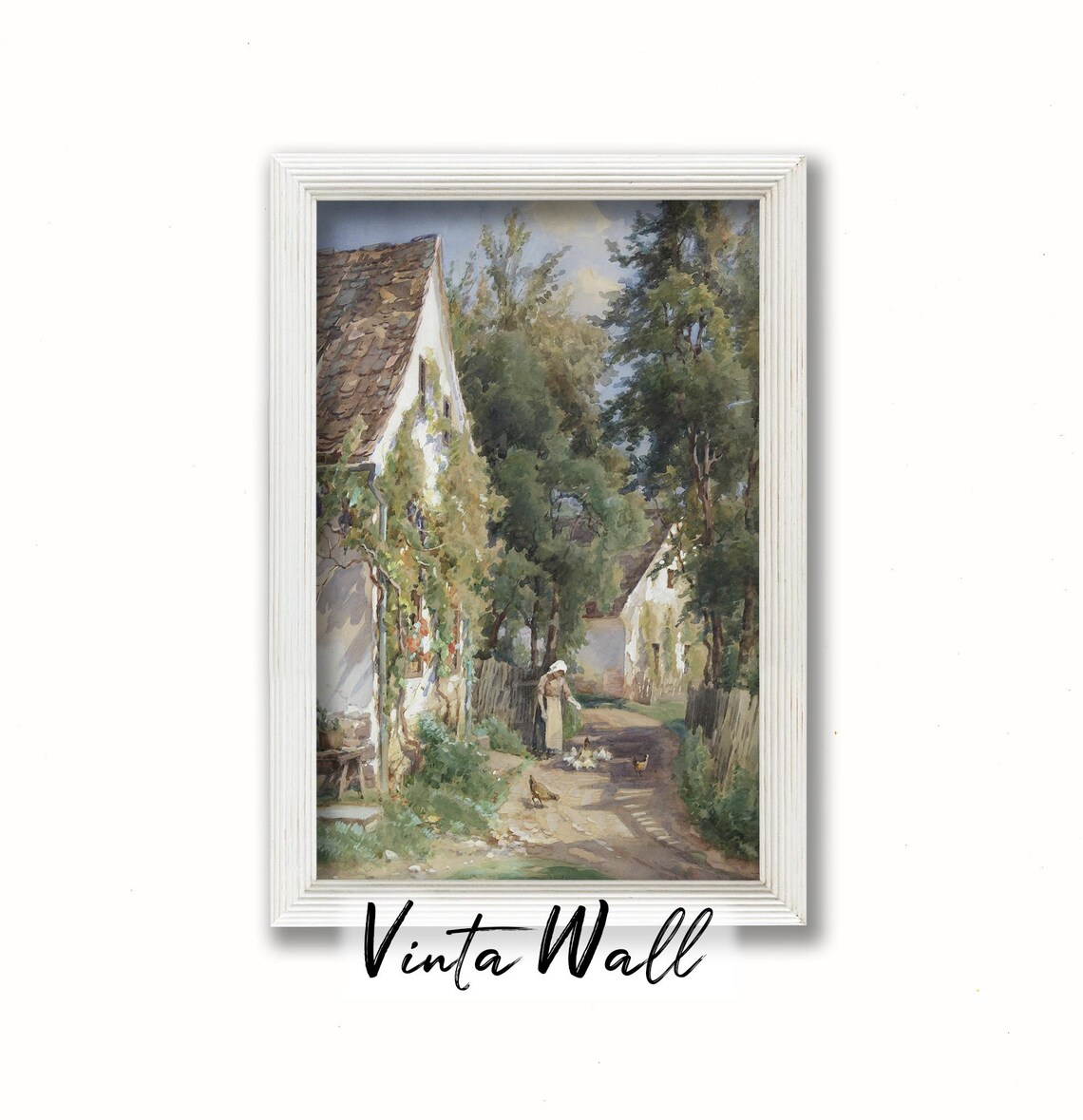 Village Lane With Cottages Woman Feeding Hens and Chicks Vintage Street Poster - Image 4