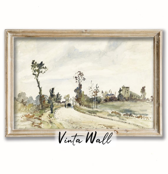 Village Path Vintage Watercolour Painting Rustic Soft Tones Print Farmhouse Country Muted Colours Cottage Landscape Art Wall Decor