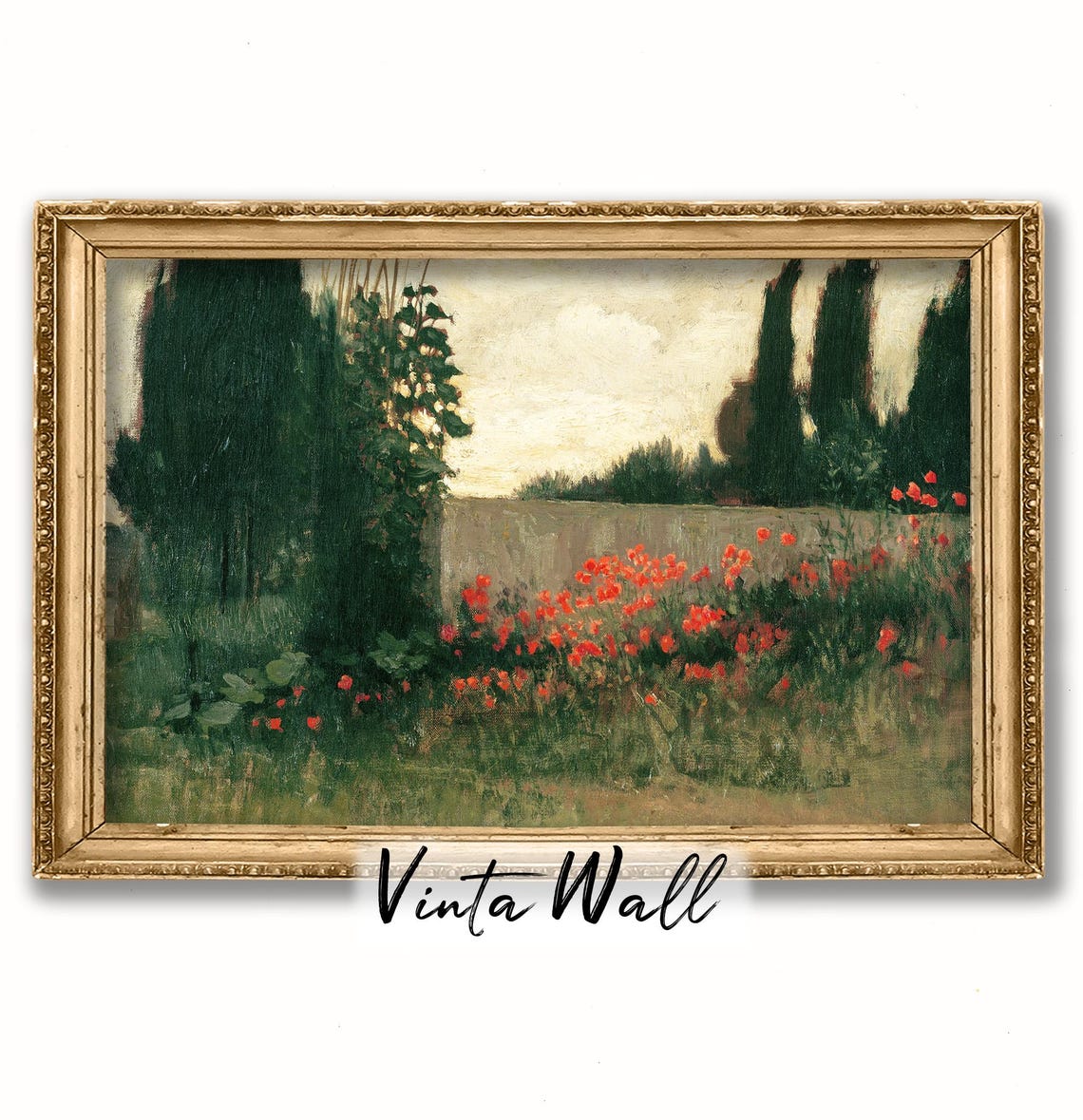 Dark Academia Cottage Flower Poppies Print Field Cypres Oil Painting Farmhouse Meadow Vintage Scenary Art Tones Home Wall Decor - Image 2