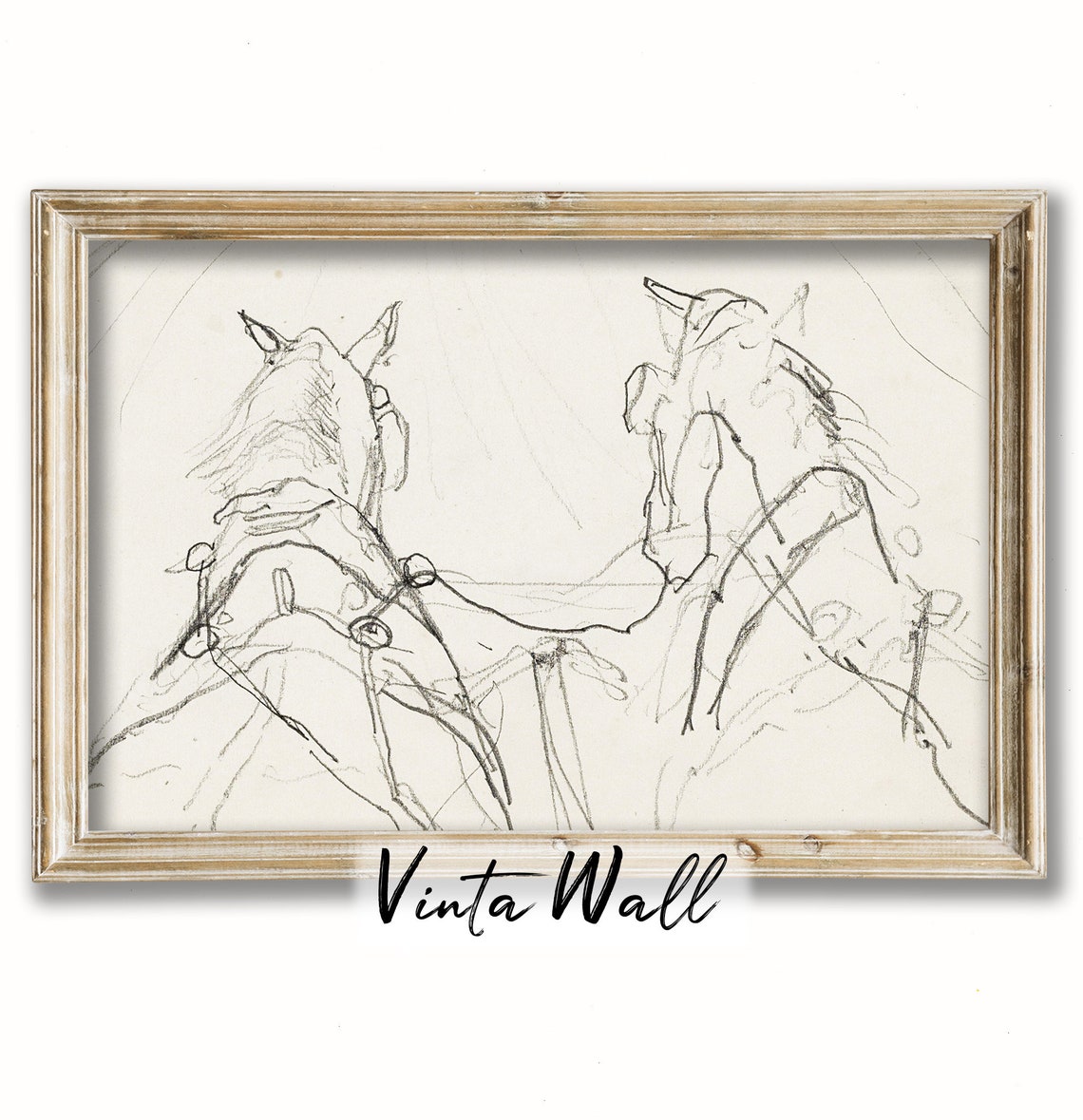 Two Horses Minimalist Pencil Sketch Vintage Equine Line Poster