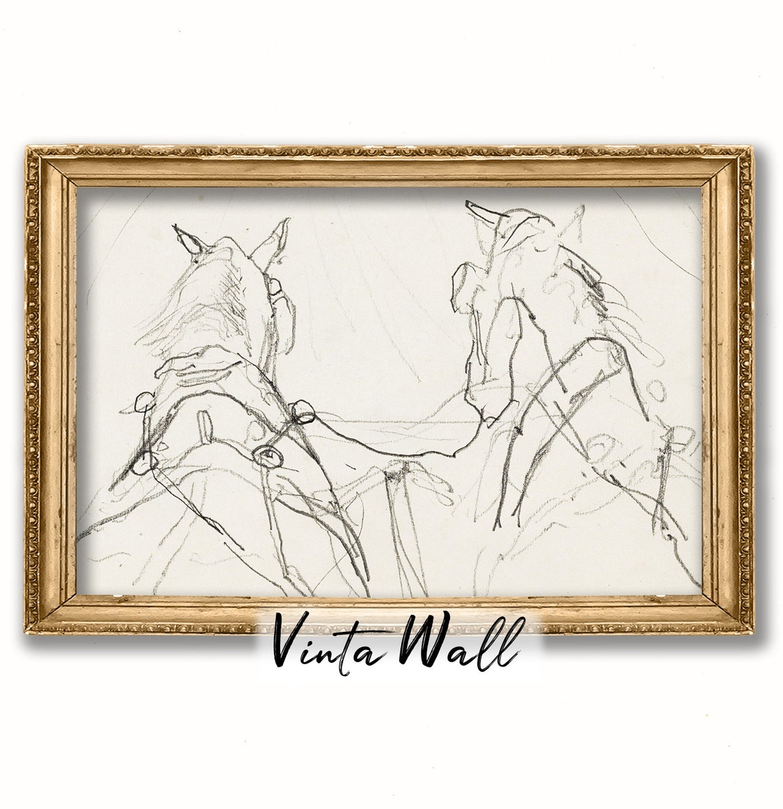 Two Horses Minimalist Pencil Sketch Vintage Equine Line Poster - Image 3
