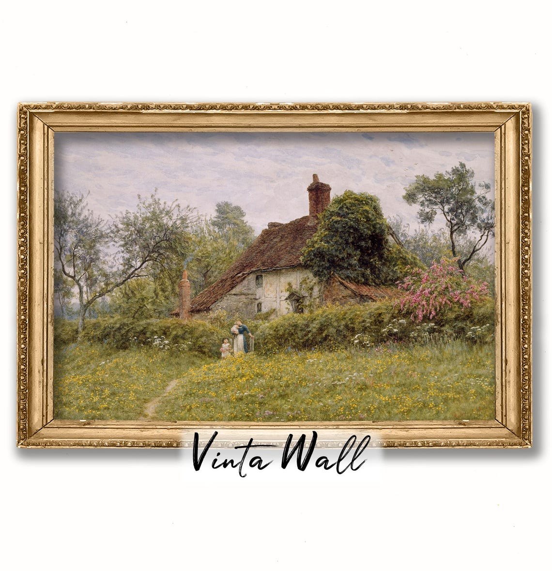 Cottage Hut Oil Painting Hills Soft Green Print Woman Child Farmhouse Country Meadow Muted Colours Landscape Art Spring Wall Decor - Image 3