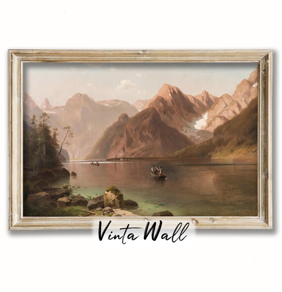 Mountain Lake at Sunset Pink Peaks Rowboats Vintage Landscape Painting Poster