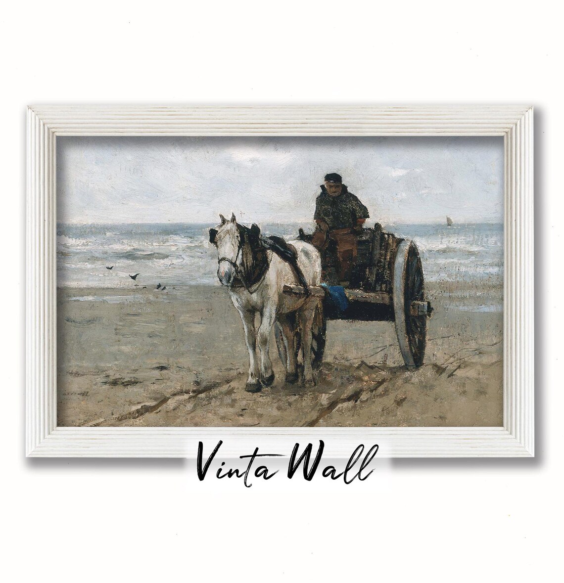 Horse Cloudy Winter Gray Oil Painting Beach Farmhouse Carriage Vintage Landscape Print Art Country Rustic Home Wall Decor Antique - Image 2