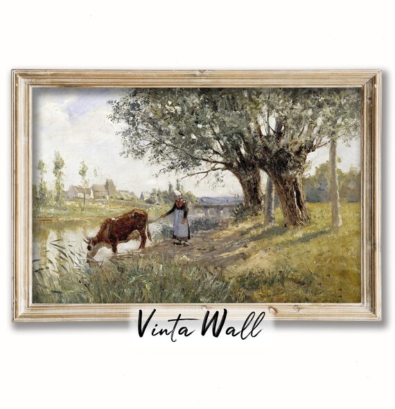 Milkmaid and Cow by the Riverbank Vintage Pastoral Painting Poster