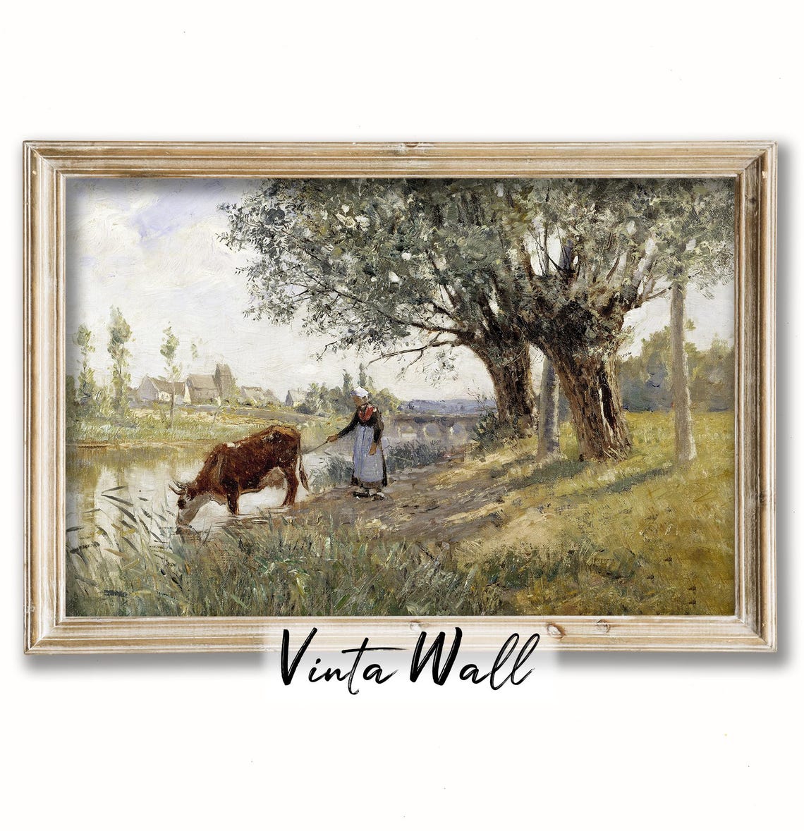 Oil Painting Cow Farmhouse Vintage Woman Landscape Print Art Country Lake River Warm Tones Rustic Home Wall Decor Antique Winter
