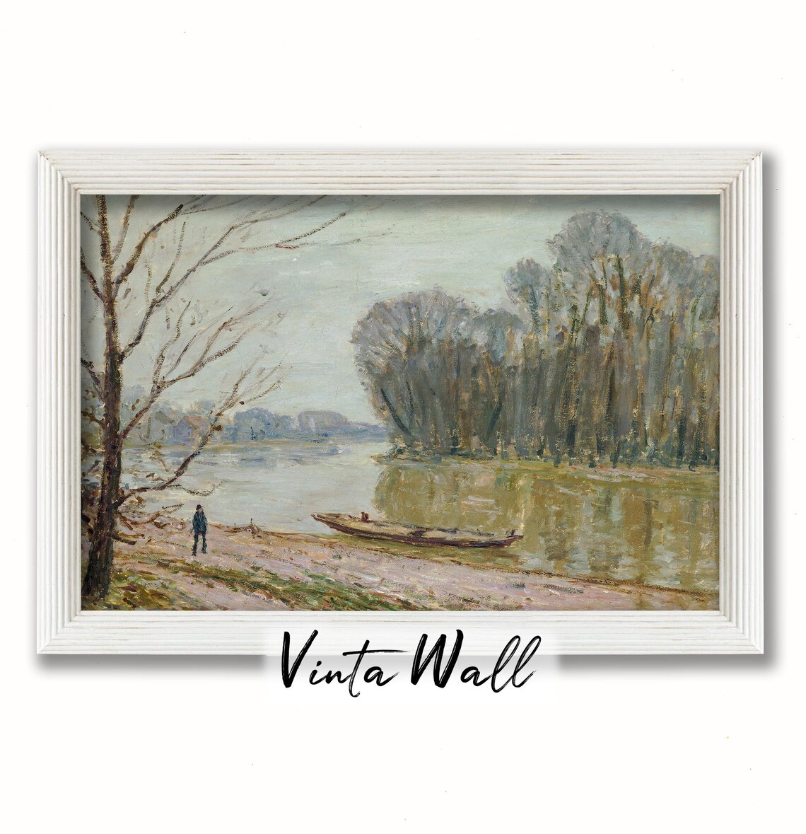 Lone Figure Walking Along Winter Riverbank Beached Boat Vintage Landscape Poster - Image 3