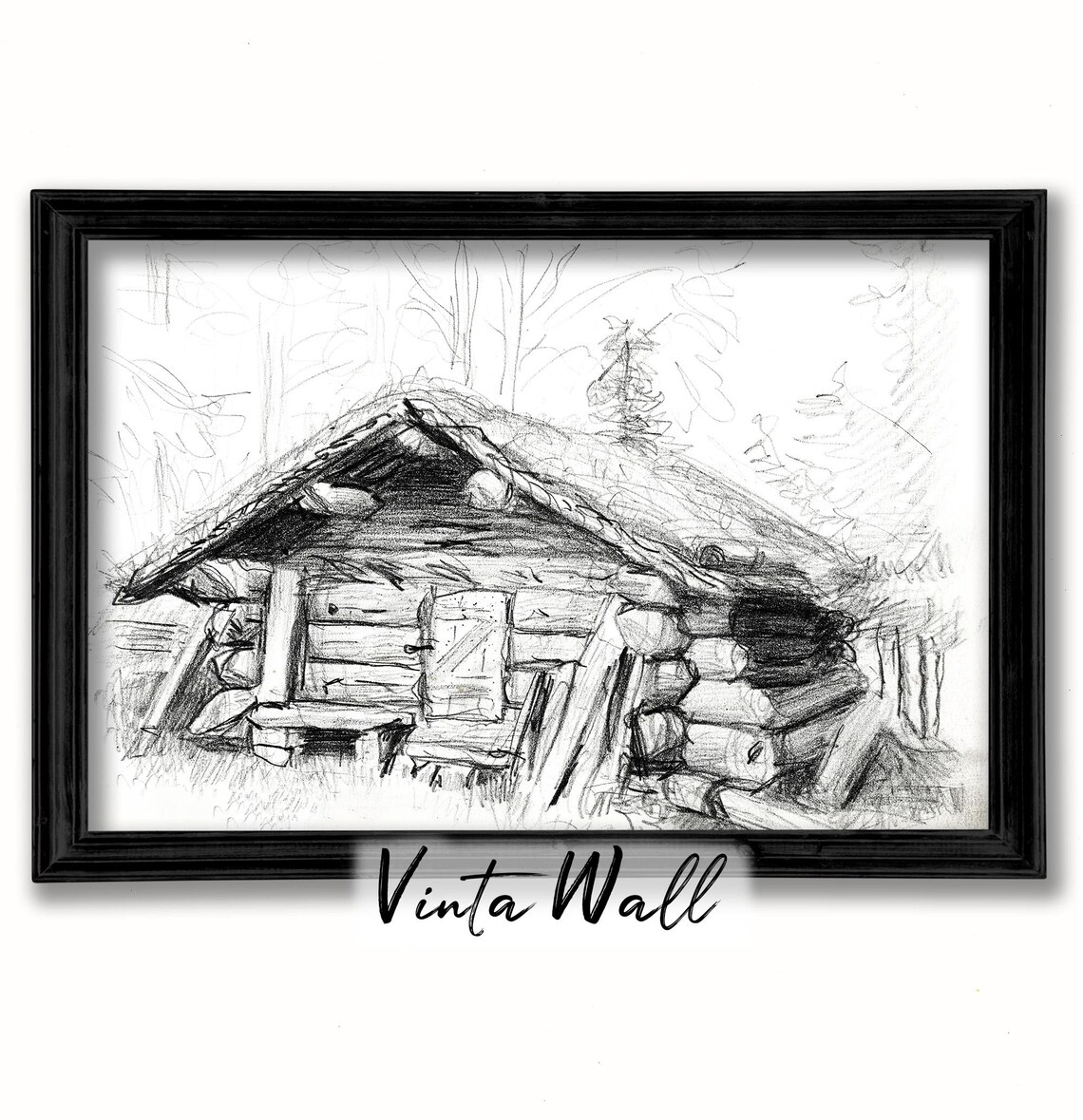 Rustic Log Cabin Pencil Sketch Forest Woodland Vintage Drawing Poster - Image 2