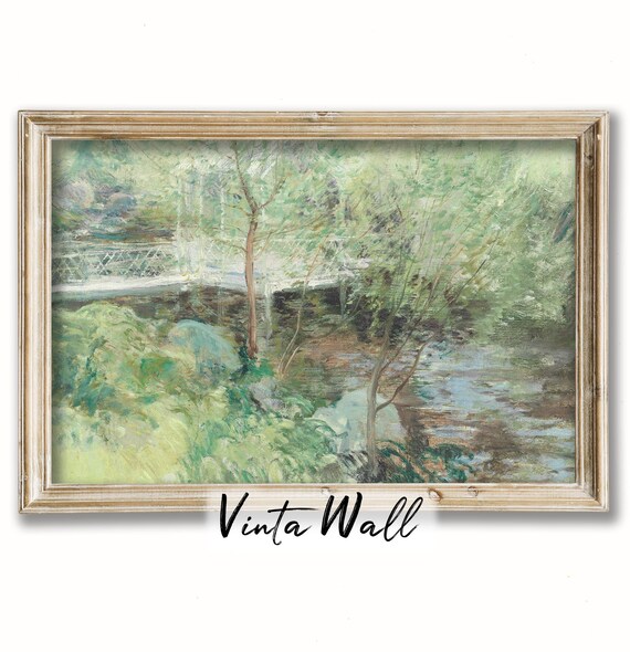 White Footbridge over Woodland Stream Impressionist Garden Poster