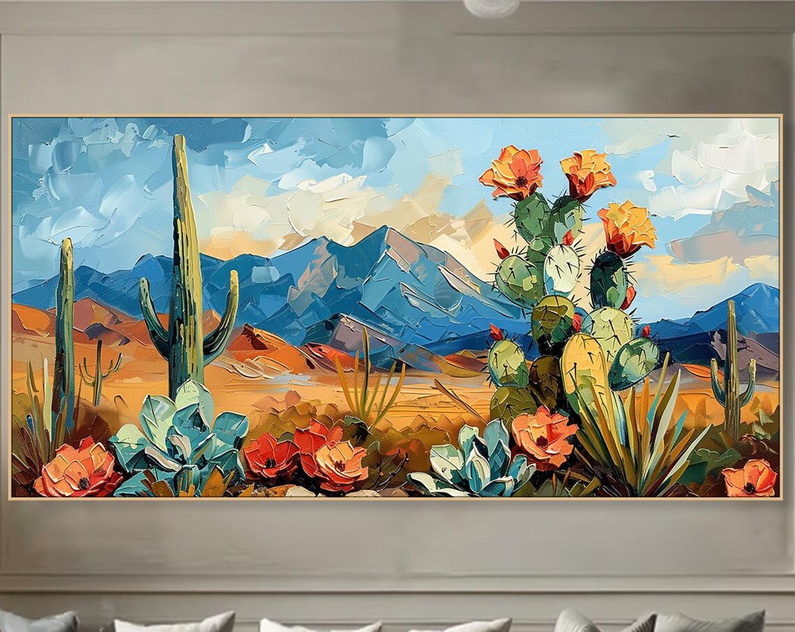 Cactus Flowers in Desert Painting, Minimalist Art Print