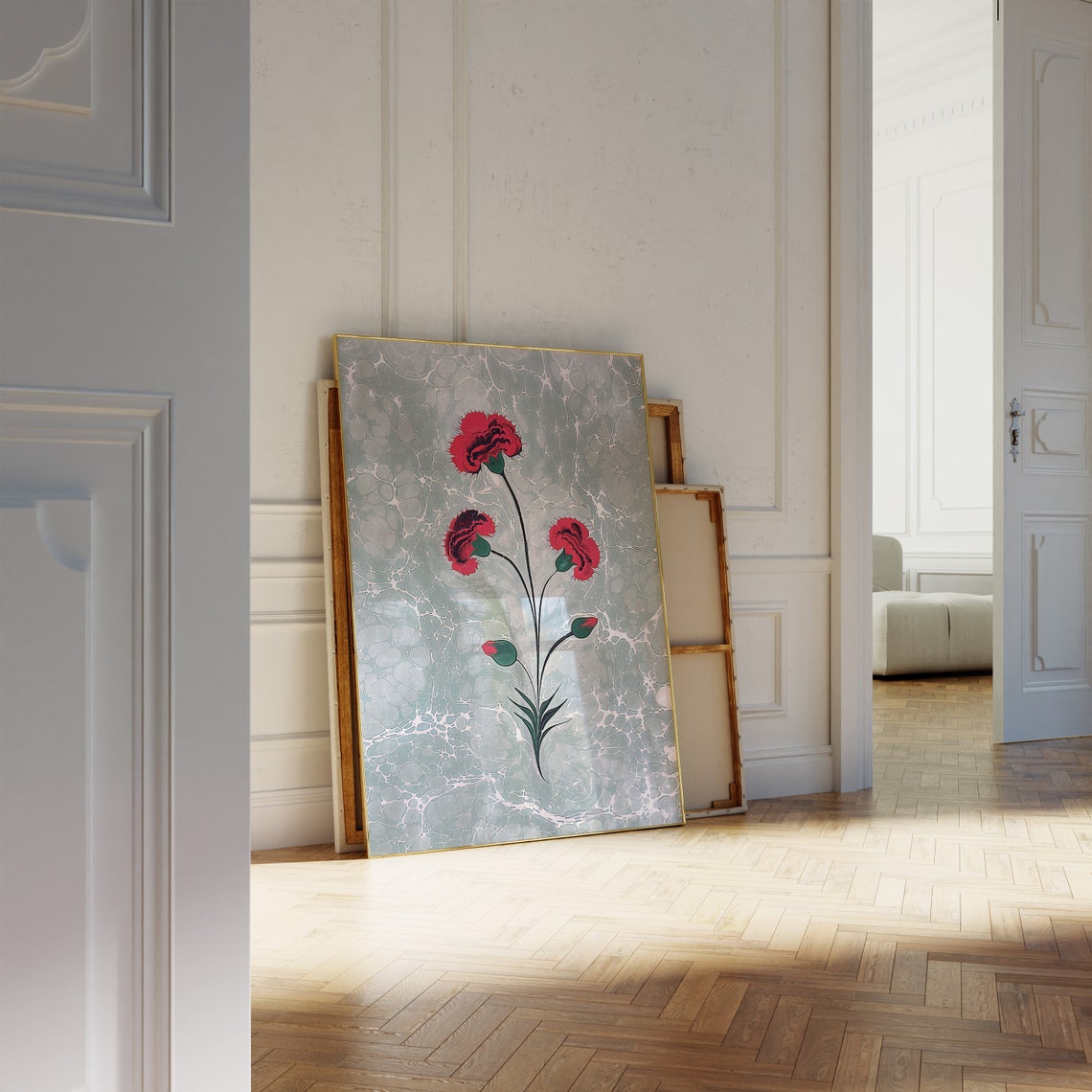 Red Carnations Sage Green Marbled Background Floral Art Wall Poster - Image 3