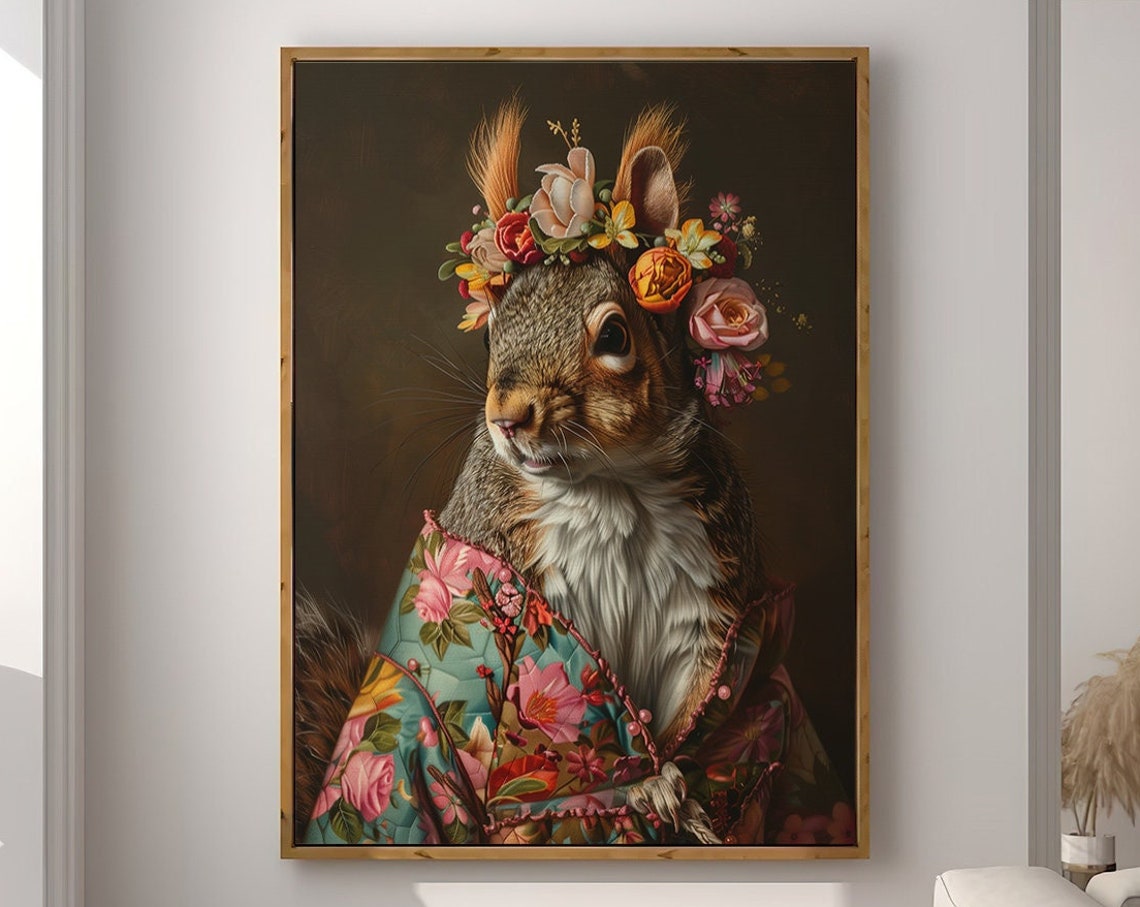 Squirrel Flower Crown Maximalist Floral Animal Portrait Wall Art
