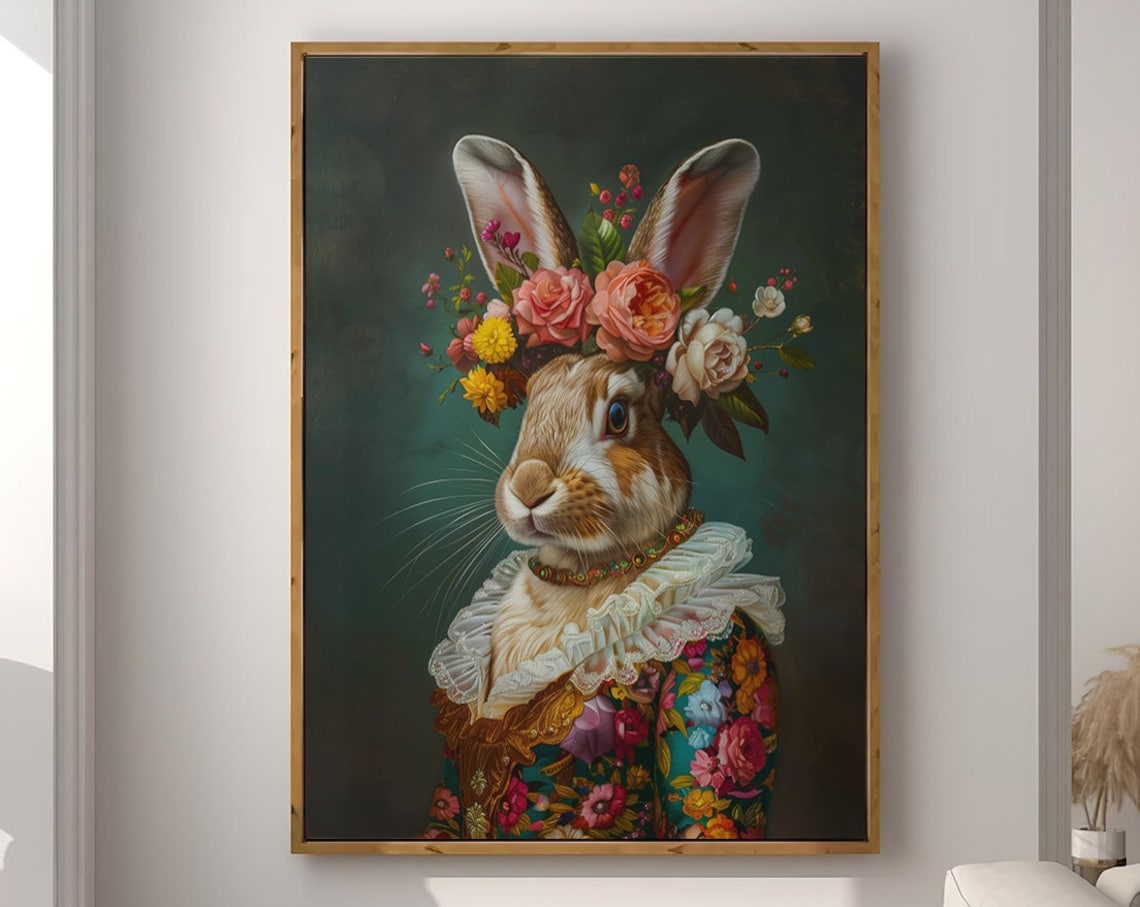 Rabbit Flower Crown Portrait Vintage Floral Dress Animal Poster