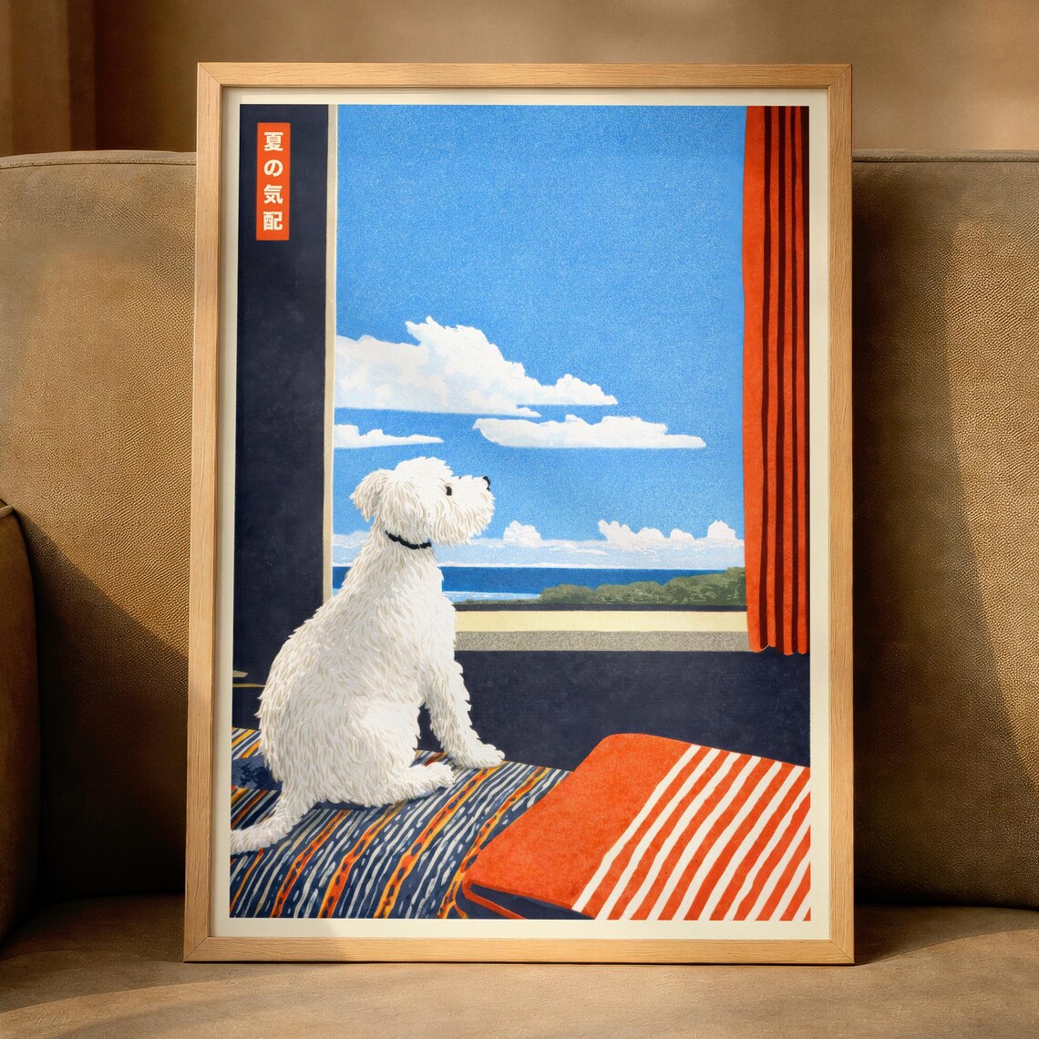 Japanese Seaside Window White Dog Overlooking Ocean Japandi Coastal Wall Art