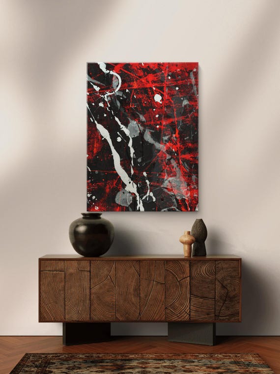 The Maze Abstract Geometric Painting Acrylic On Organic Red White And Black Lines And Strokes Art