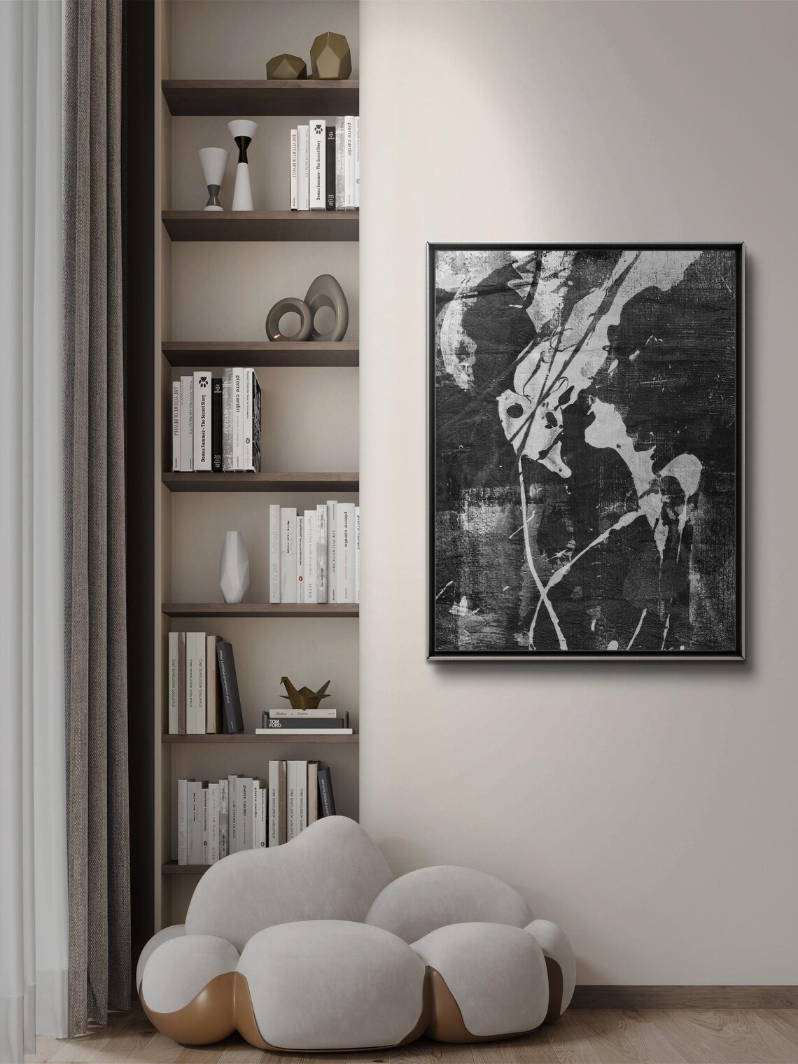 Abstract Night Sky Painting, Black And White Streaks
