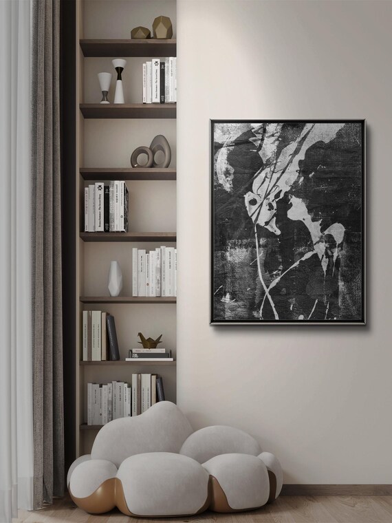 Abstract Night Sky Painting, Black And White Streaks
