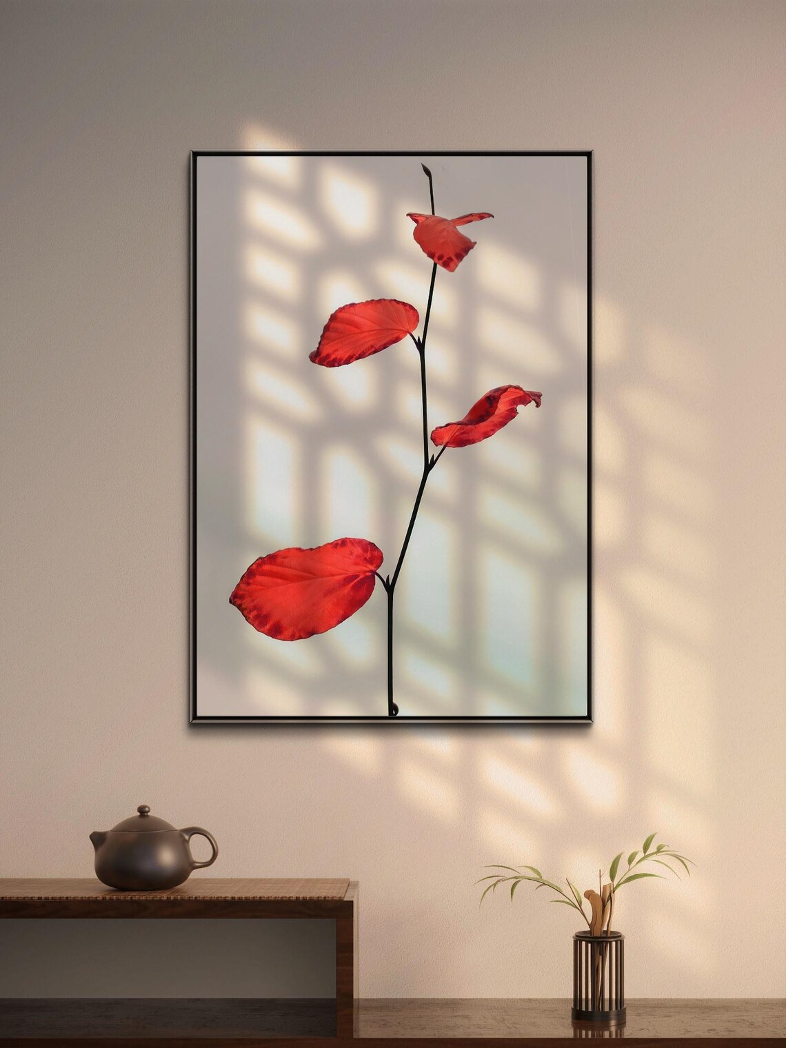 Minimalist Plant Artwork With Red Leaves