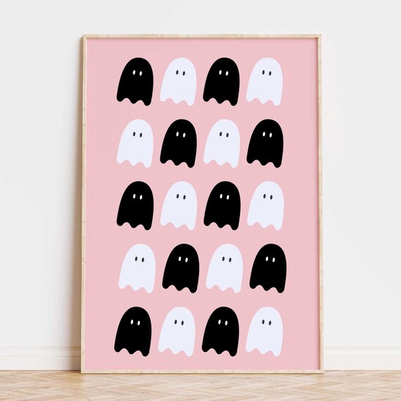 Cute Black And White Ghosts On Pink Halloween Party Wall Poster