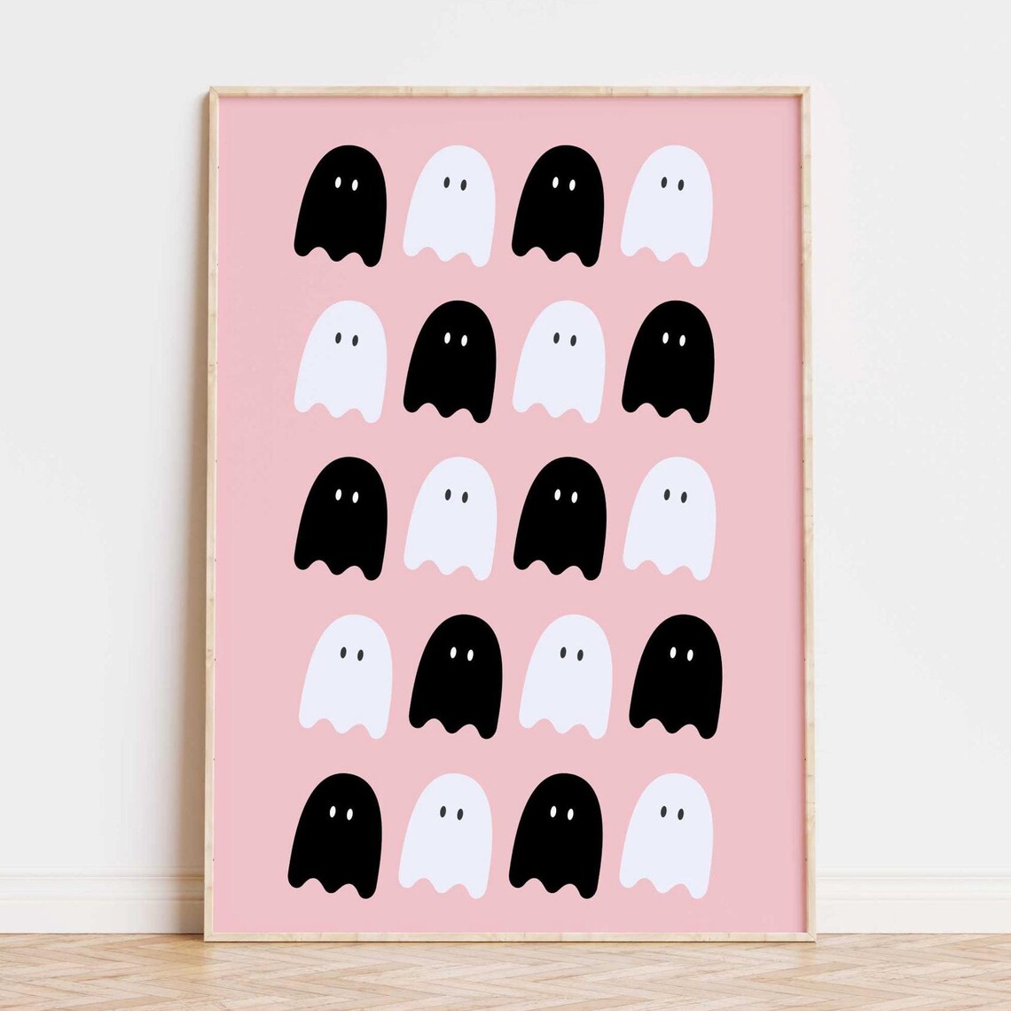 Cute Black And White Ghosts On Pink Halloween Party Wall Poster