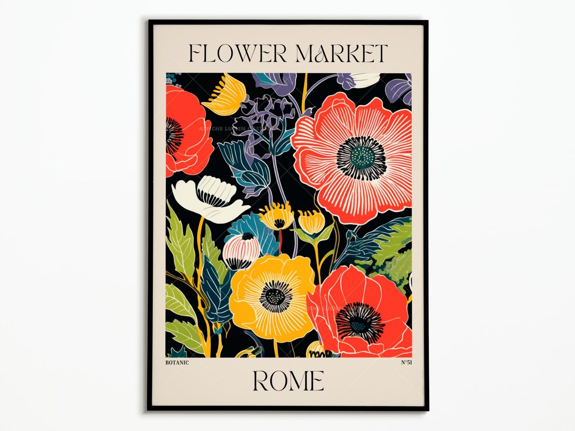 Flower Market Rome Botanic Bold Poppy Black Contrast Art Poster