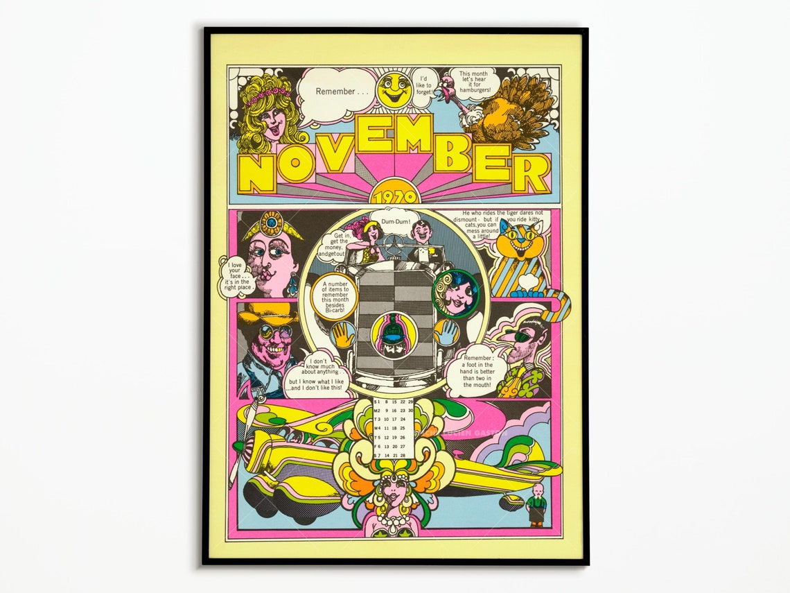 November 1970 Psychedelic Calendar Comic Panels Retro Pop Art Poster