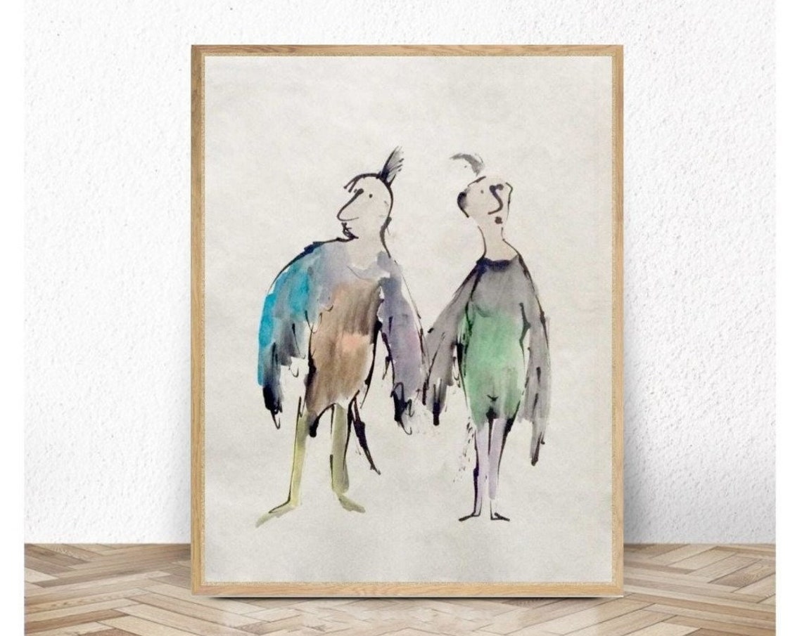 Whimsical Pair Of Quirky Bird People Loose Watercolor Art Poster