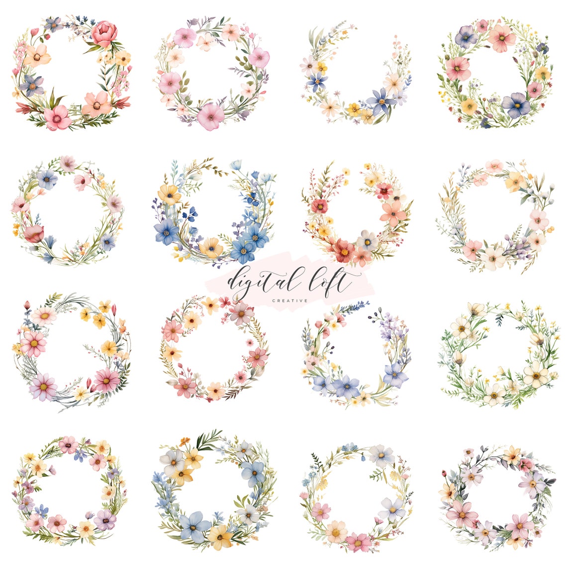 Wildflower Wreath Watercolor Set Botanical Circular Wall Art