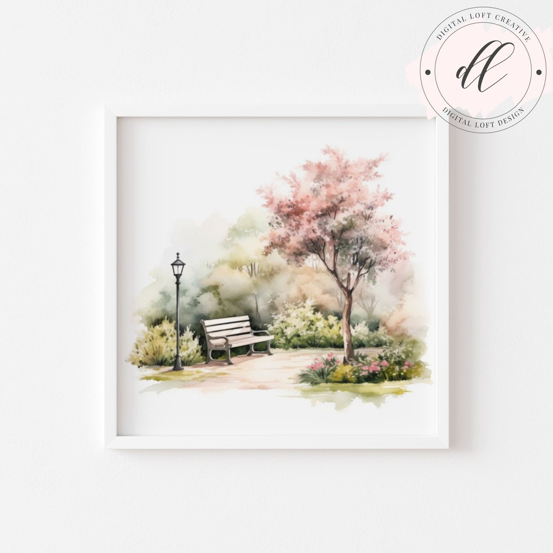 Park Bench Under Cherry Blossom Tree Watercolor Spring Poster - Image 2