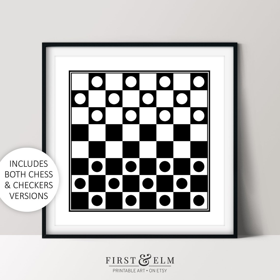 Checkers Board Game Minimalist Black White Game Room Wall Poster